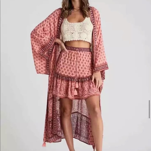 Teal Boho Kimono Floral Gypsy Print Maxi CoverUp - Picture 8 of 15